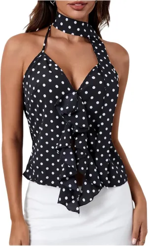 MakeMeChic Women's Polka Dots Halter Top V Neck Ruffle Backless Camisole with Scarf