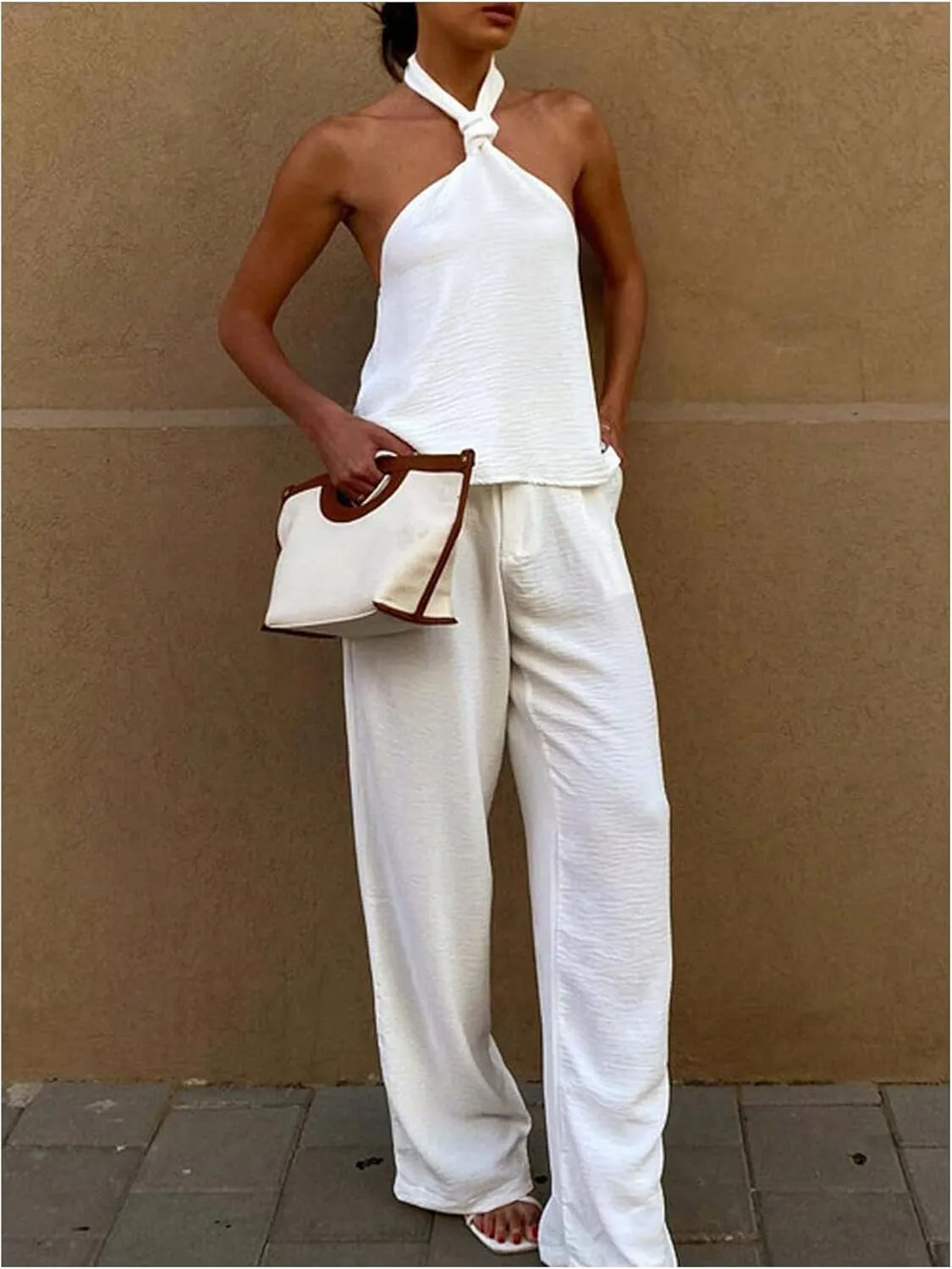 MakeMeChic Women's Textured Sleeveless Tie Backless Slim Fitted Halter Top Summer Shirt