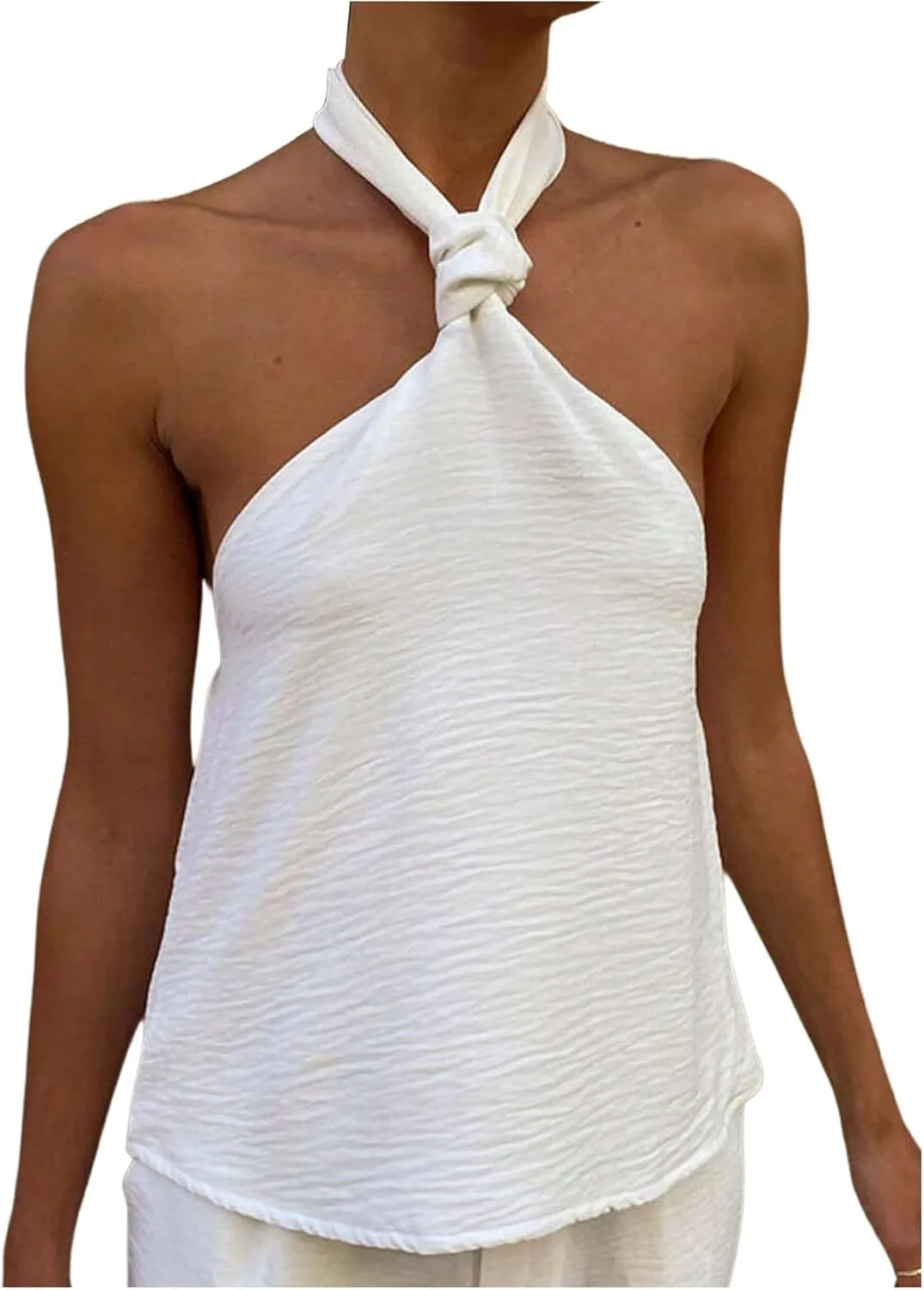 MakeMeChic Women's Textured Sleeveless Tie Backless Slim Fitted Halter Top Summer Shirt