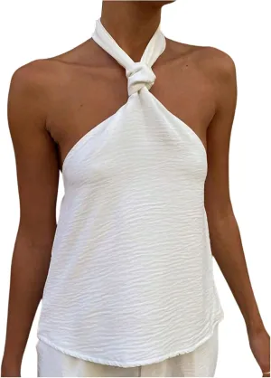 MakeMeChic Women's Textured Sleeveless Tie Backless Slim Fitted Halter Top Summer Shirt
