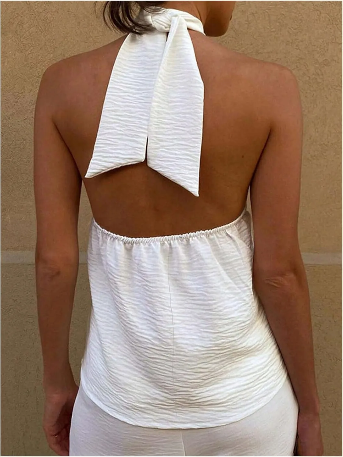 MakeMeChic Women's Textured Sleeveless Tie Backless Slim Fitted Halter Top Summer Shirt