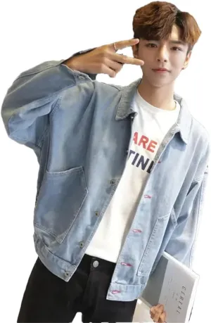 Male Jean Coat With Hole Ripped Men's Denim Jacket Light Piece Vintage Korea Loose Washed Outwear