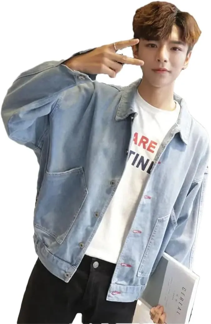 Male Jean Coat With Hole Ripped Men's Denim Jacket Light Piece Vintage Korea Loose Washed Outwear