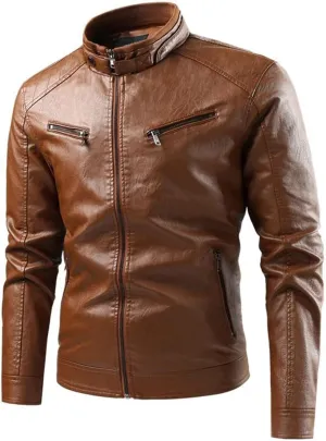 Male Stripe Leather Coat Stand Collar Pu Jackets Faux Leathers Jacket Racer Biker Style Double Zipper