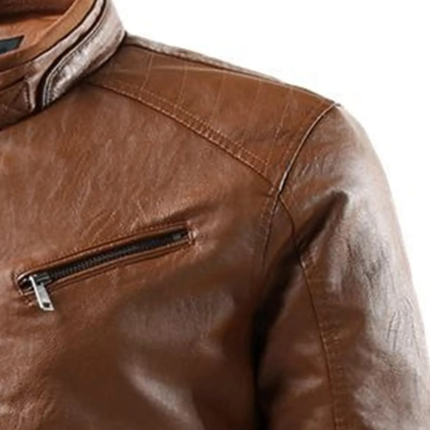 Male Stripe Leather Coat Stand Collar Pu Jackets Faux Leathers Jacket Racer Biker Style Double Zipper
