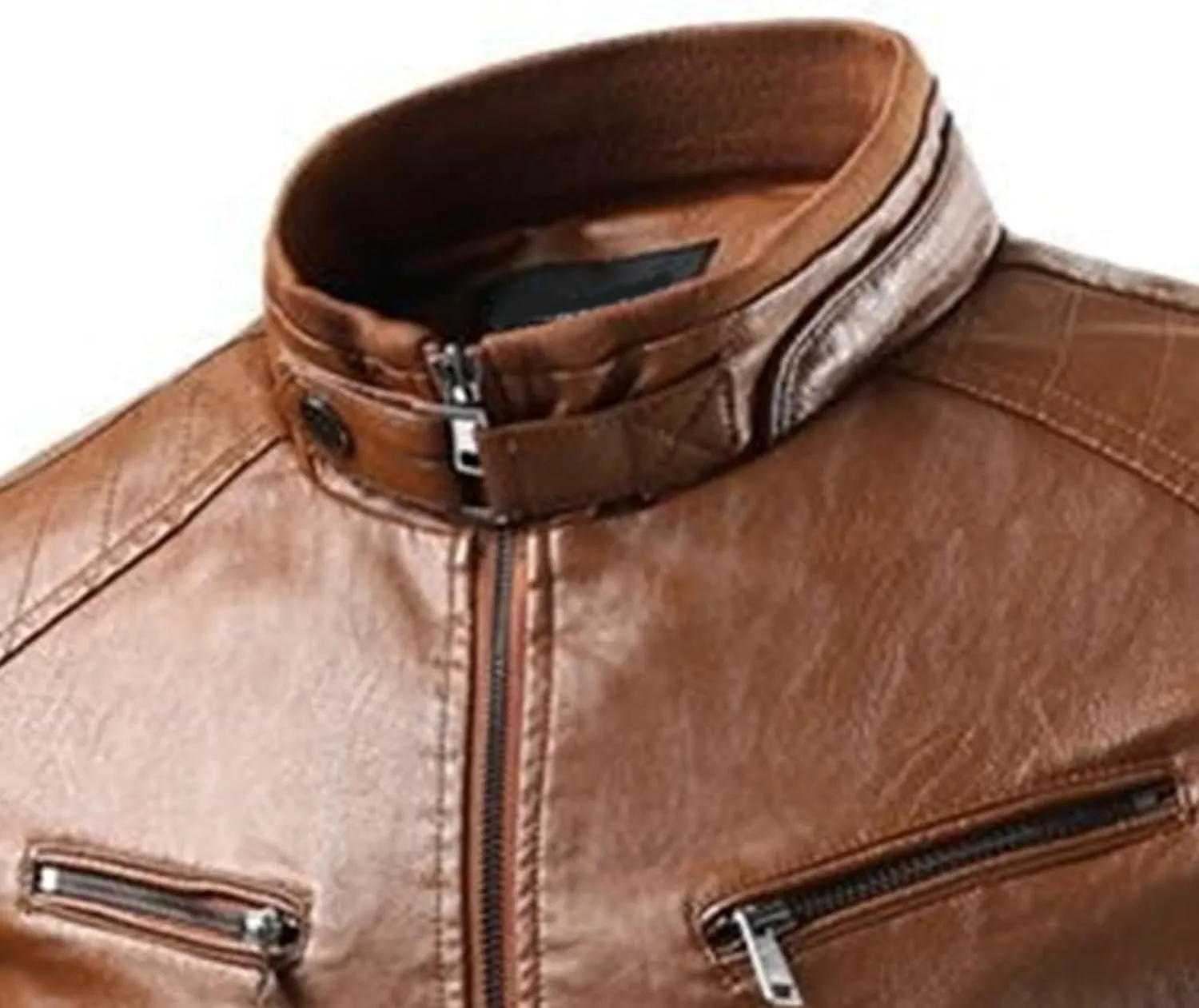 Male Stripe Leather Coat Stand Collar Pu Jackets Faux Leathers Jacket Racer Biker Style Double Zipper