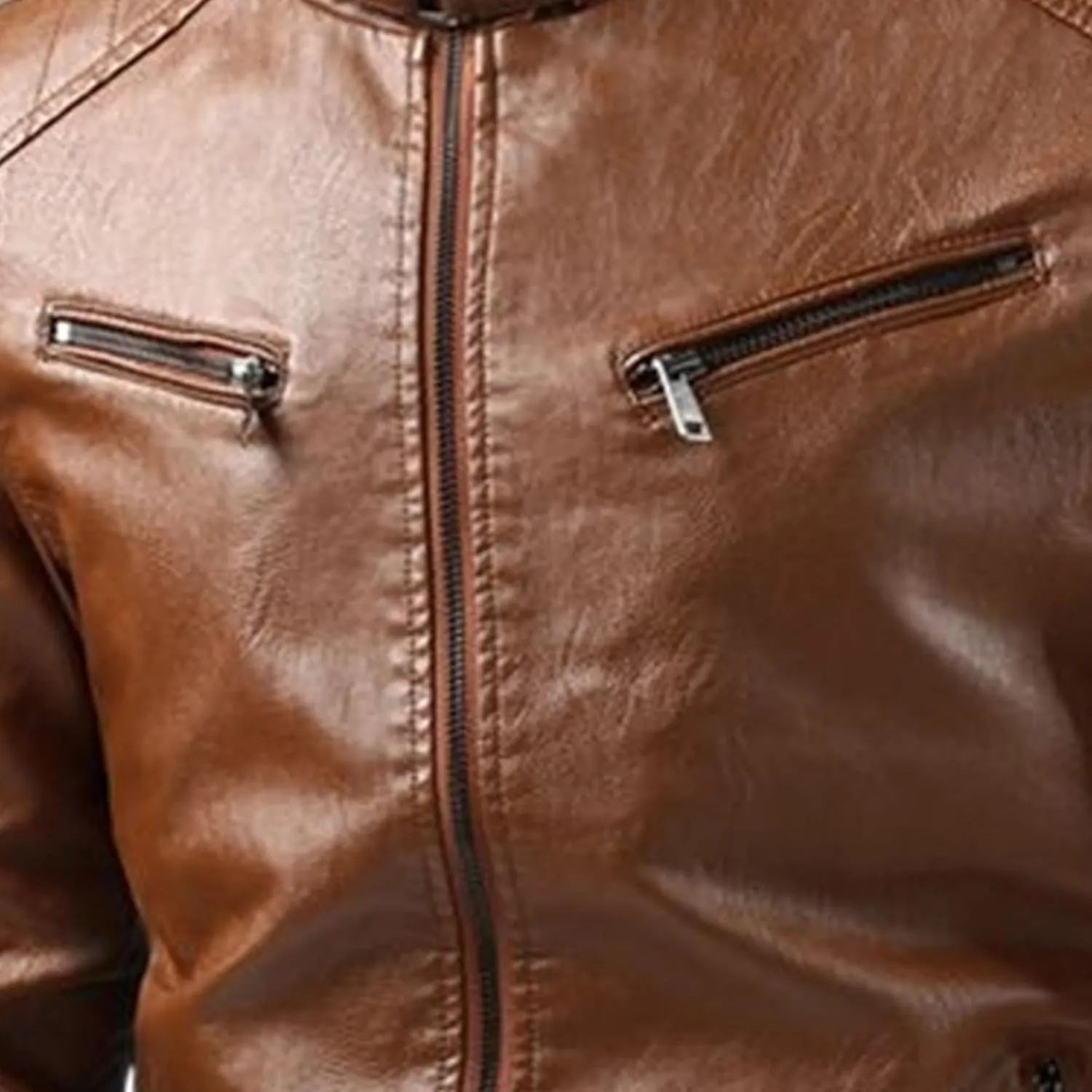 Male Stripe Leather Coat Stand Collar Pu Jackets Faux Leathers Jacket Racer Biker Style Double Zipper