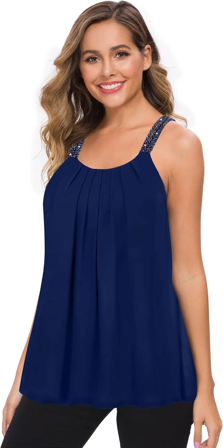 MANER Women's Plus Size Cami Casual Pleated Chiffon Tank Top with Beaded Strap