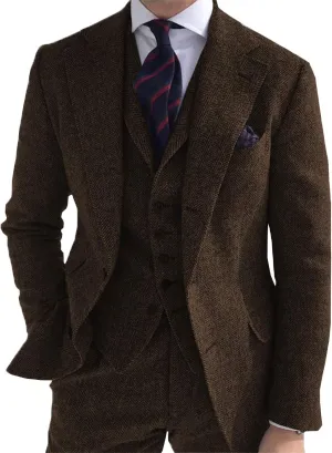 Men's 3 Piece Business Suit Regular Fit Herringbone Groomsmen Tuxedo Wool Jacket Vest & Pants