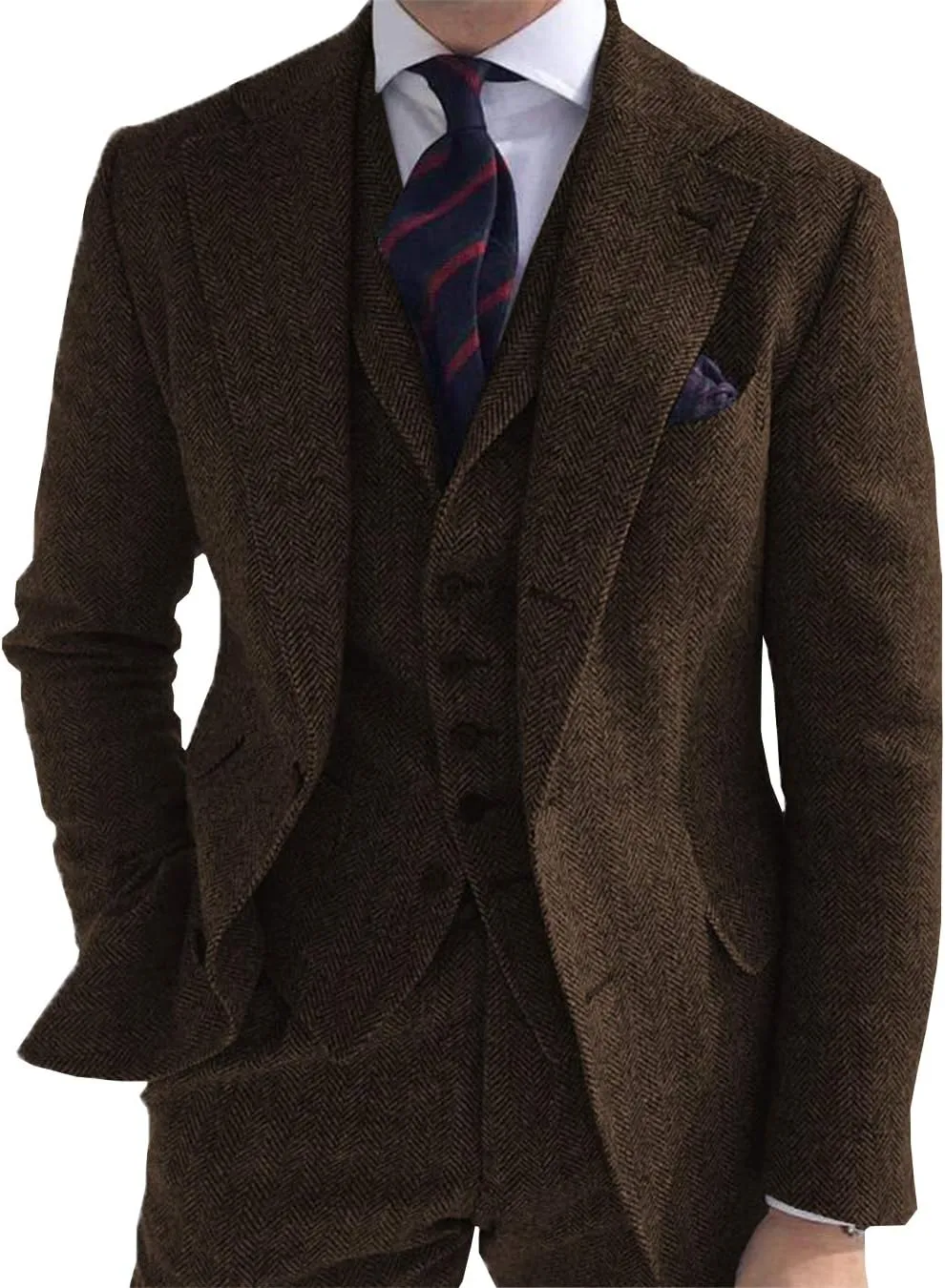 Men's 3 Piece Business Suit Regular Fit Herringbone Groomsmen Tuxedo Wool Jacket Vest & Pants