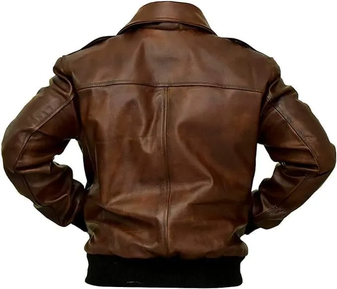 Men's A2 Brown Distressed Leather Jacket l Air Force Brown WWII Flying Tiger Bomber Jacket.