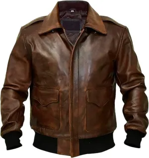 Men's A2 Brown Distressed Leather Jacket l Air Force Brown WWII Flying Tiger Bomber Jacket.