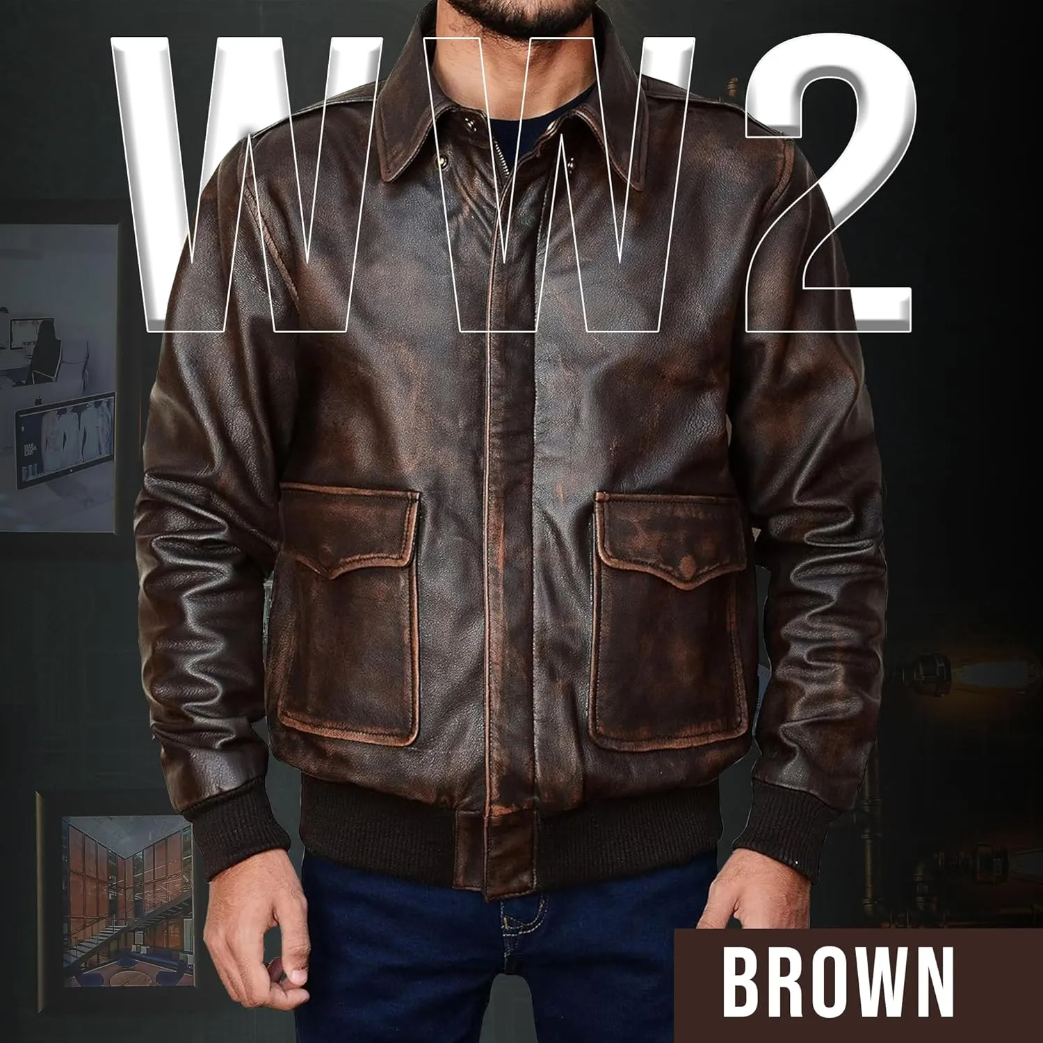 Mens Aviator A-2 Leather Jacket US Air Force Cockpit Flight Pilot Real Lambskin Distressed WW2 Bomber Jackets