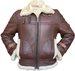 Mens B3 Aviator Shearling Jacket - Flight Pilot Sheepskin Leather Bomber Jacket Black/Brown