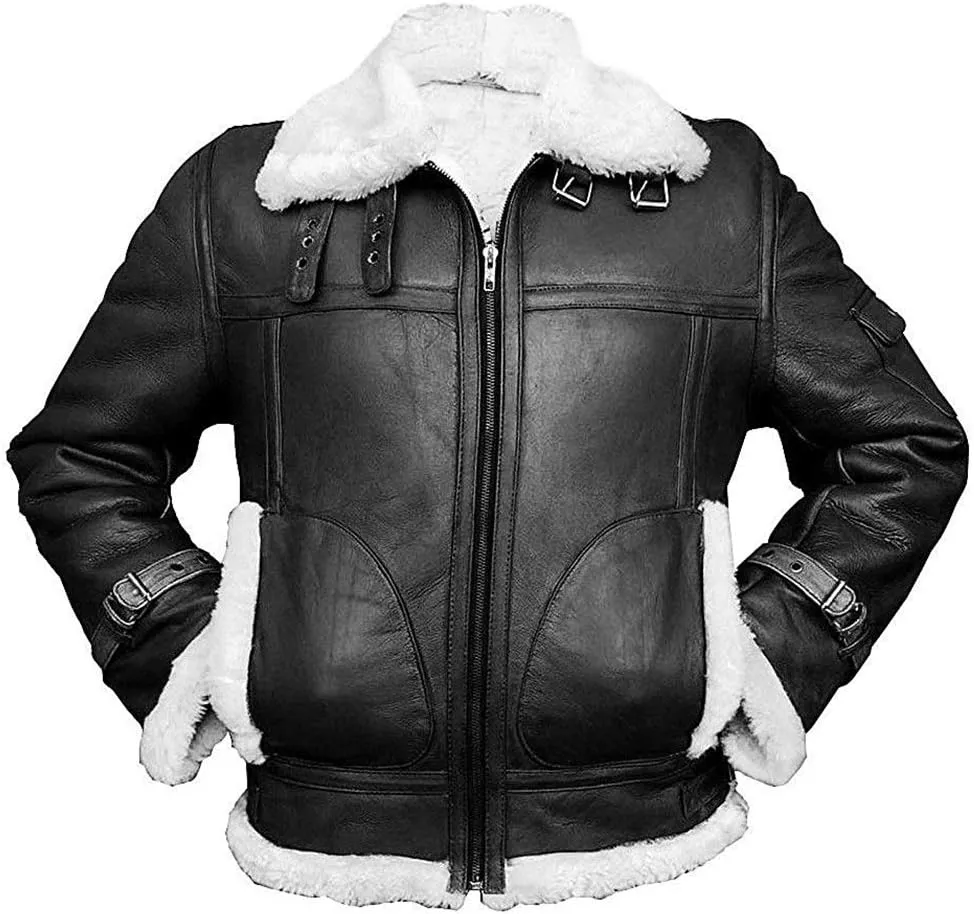 Mens B3 Aviator Shearling Jacket - Flight Pilot Sheepskin Leather Bomber Jacket Black/Brown