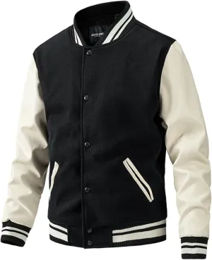 Men's Baseball Jacket Fashion Padded College Varsity Jackets Faux Leather Sleeves Button Down Bomber Coat