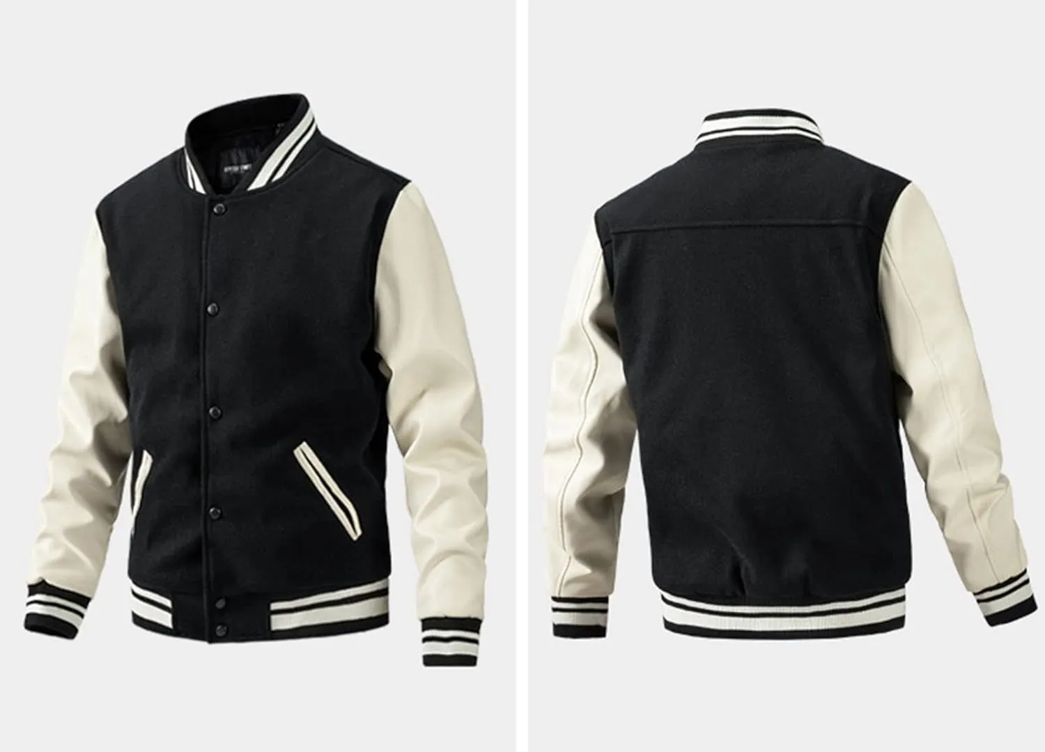 Men's Baseball Jacket Fashion Padded College Varsity Jackets Faux Leather Sleeves Button Down Bomber Coat