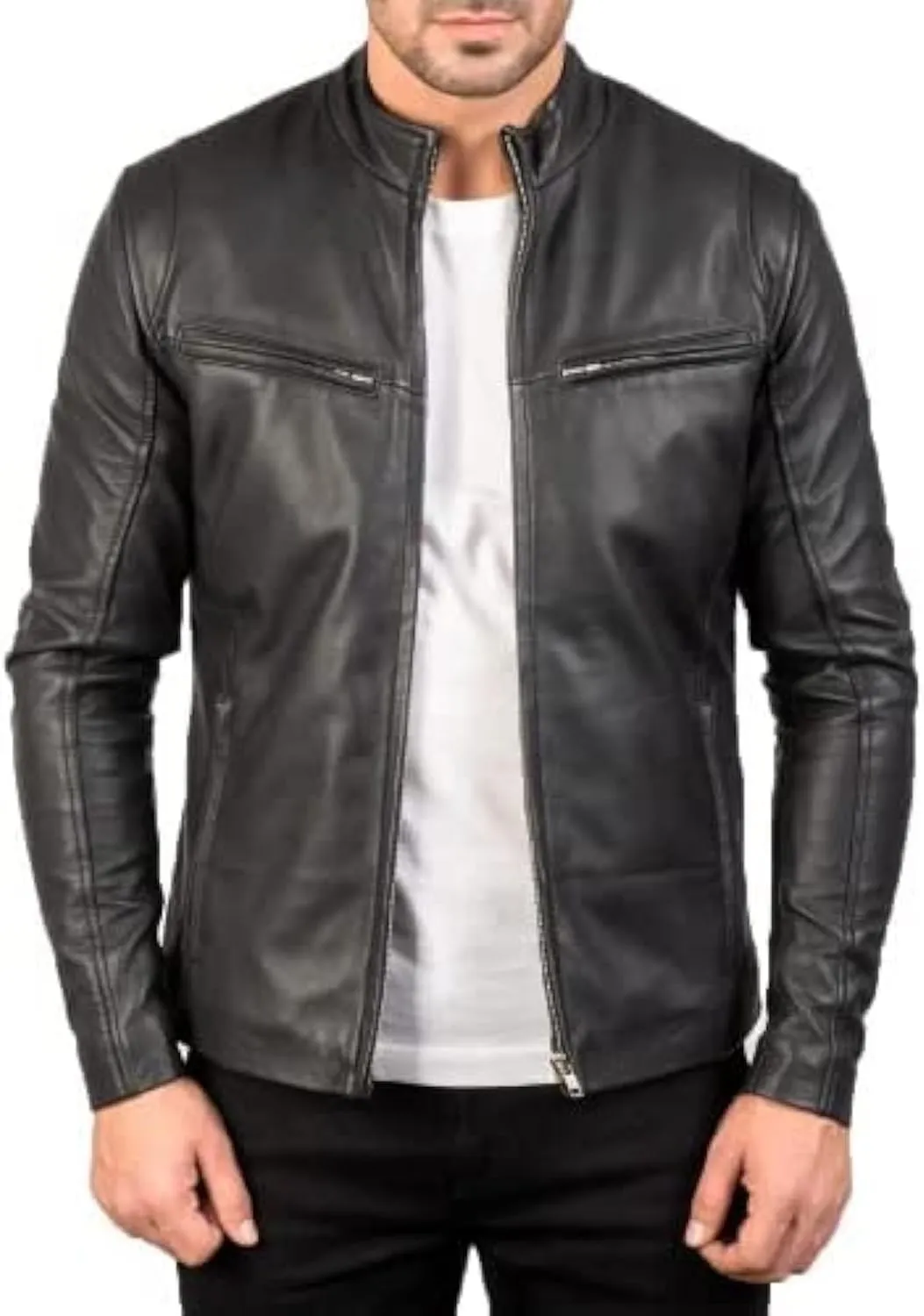 Men's Black Genuine Lambskin Leather Biker Jacket VINTAGE REAL MOTORCYCLE JACKETS FOR MEN