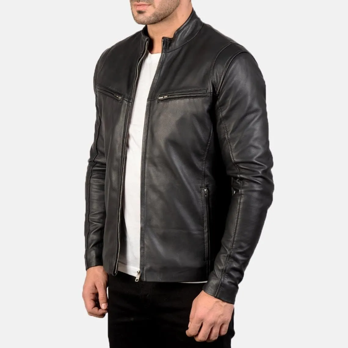 Men's Black Genuine Lambskin Leather Biker Jacket VINTAGE REAL MOTORCYCLE JACKETS FOR MEN