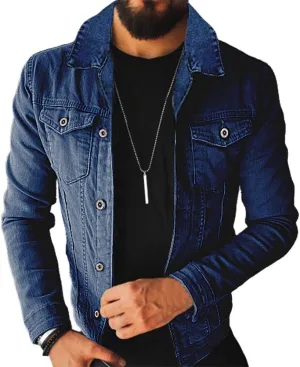 Mens Blue Casual Turn-Down Collar Slim Fit Streetwear Motorcycle Denim Jacket