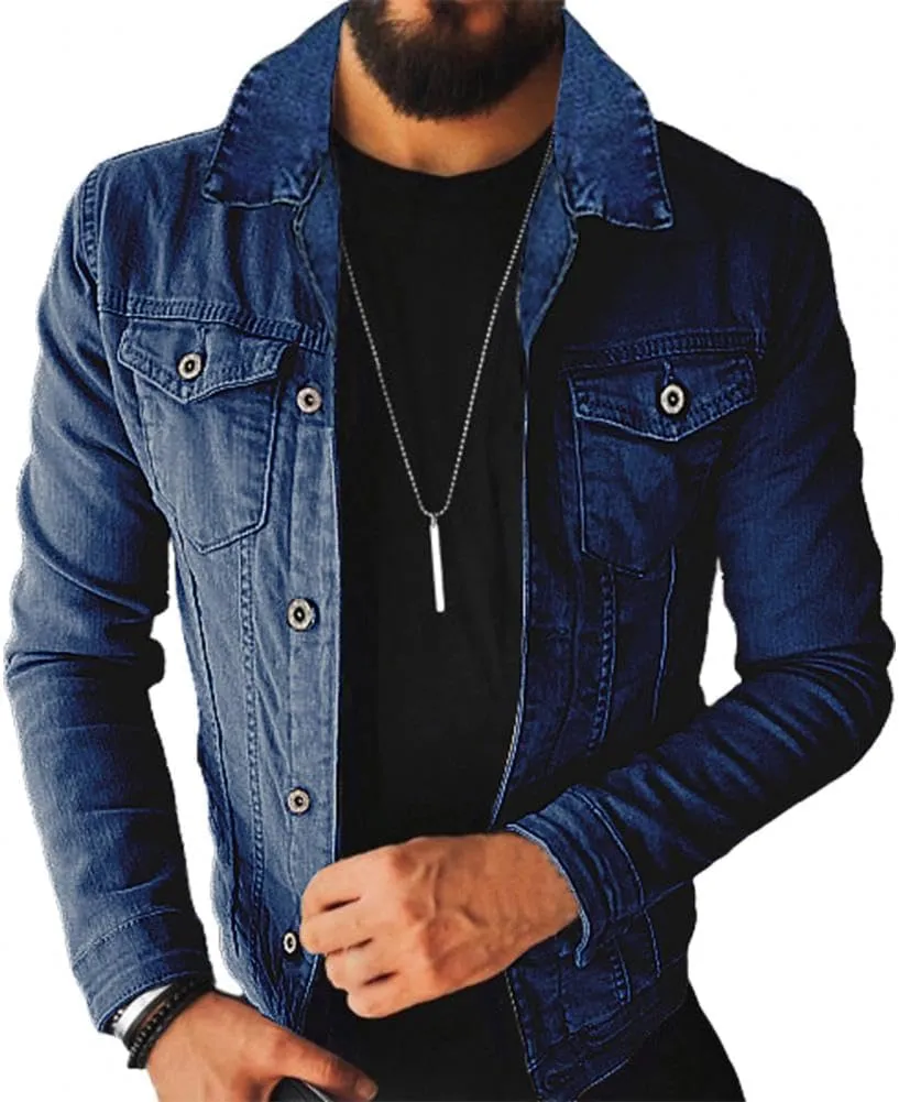 Mens Blue Casual Turn-Down Collar Slim Fit Streetwear Motorcycle Denim Jacket