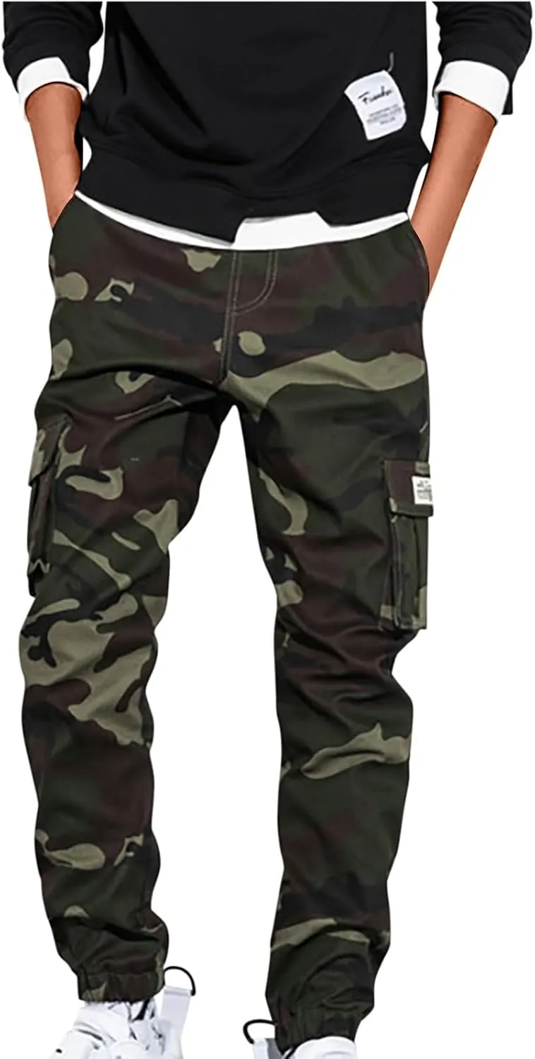 Men's Cargo Pants Slim Fit Army Military Camo Pants Flex Stretch Work Hiking Pants Casual Workout Joggers with Pocket
