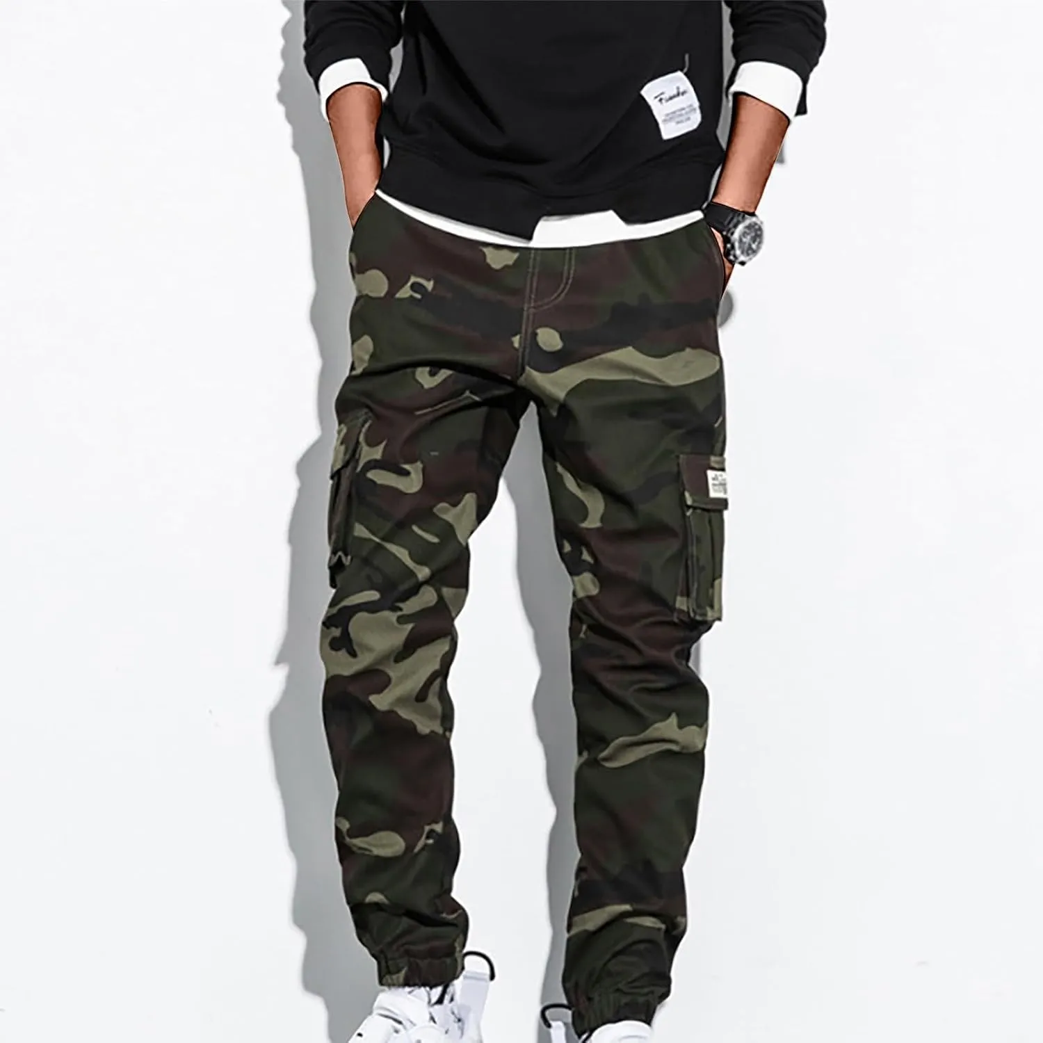 Men's Cargo Pants Slim Fit Army Military Camo Pants Flex Stretch Work Hiking Pants Casual Workout Joggers with Pocket