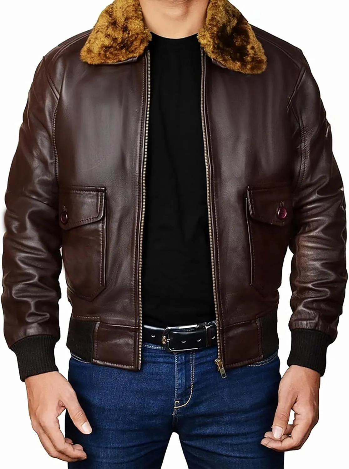Mens G1 Aviator Pilot Removable Fur Collar Bomber Leather Jacket Black/Brown-Real/Faux