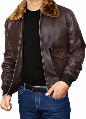 Mens G1 Aviator Pilot Removable Fur Collar Bomber Leather Jacket Black/Brown-Real/Faux