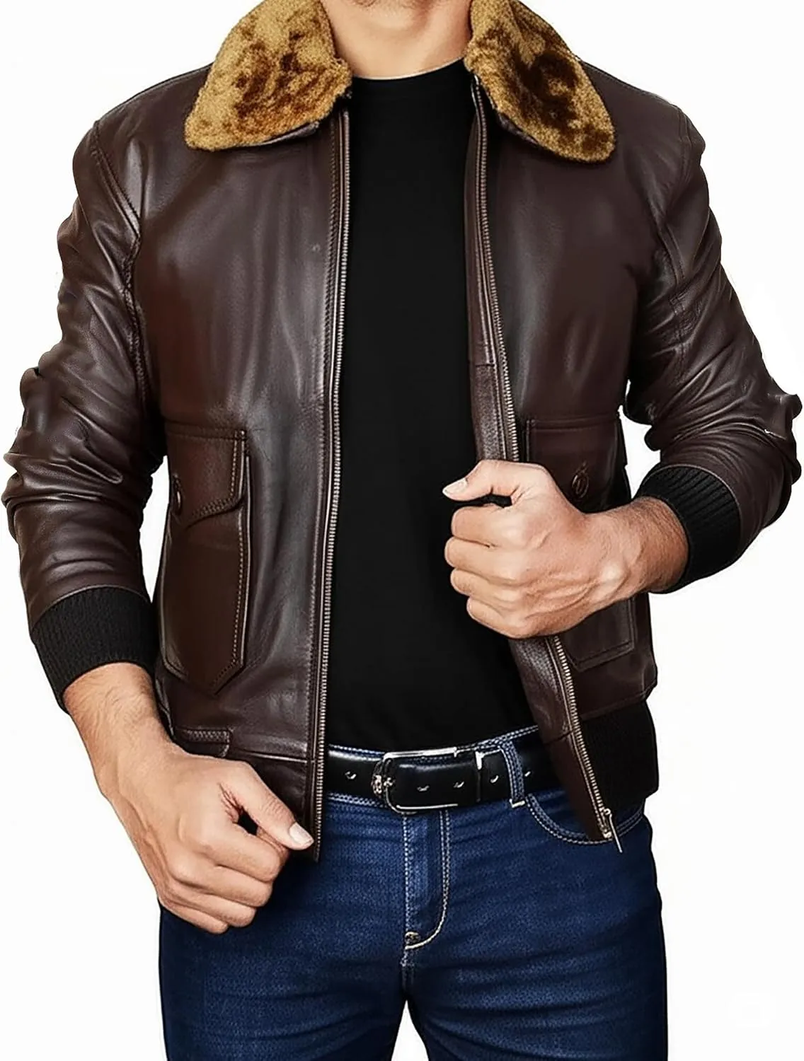 Mens G1 Aviator Pilot Removable Fur Collar Bomber Leather Jacket Black/Brown-Real/Faux