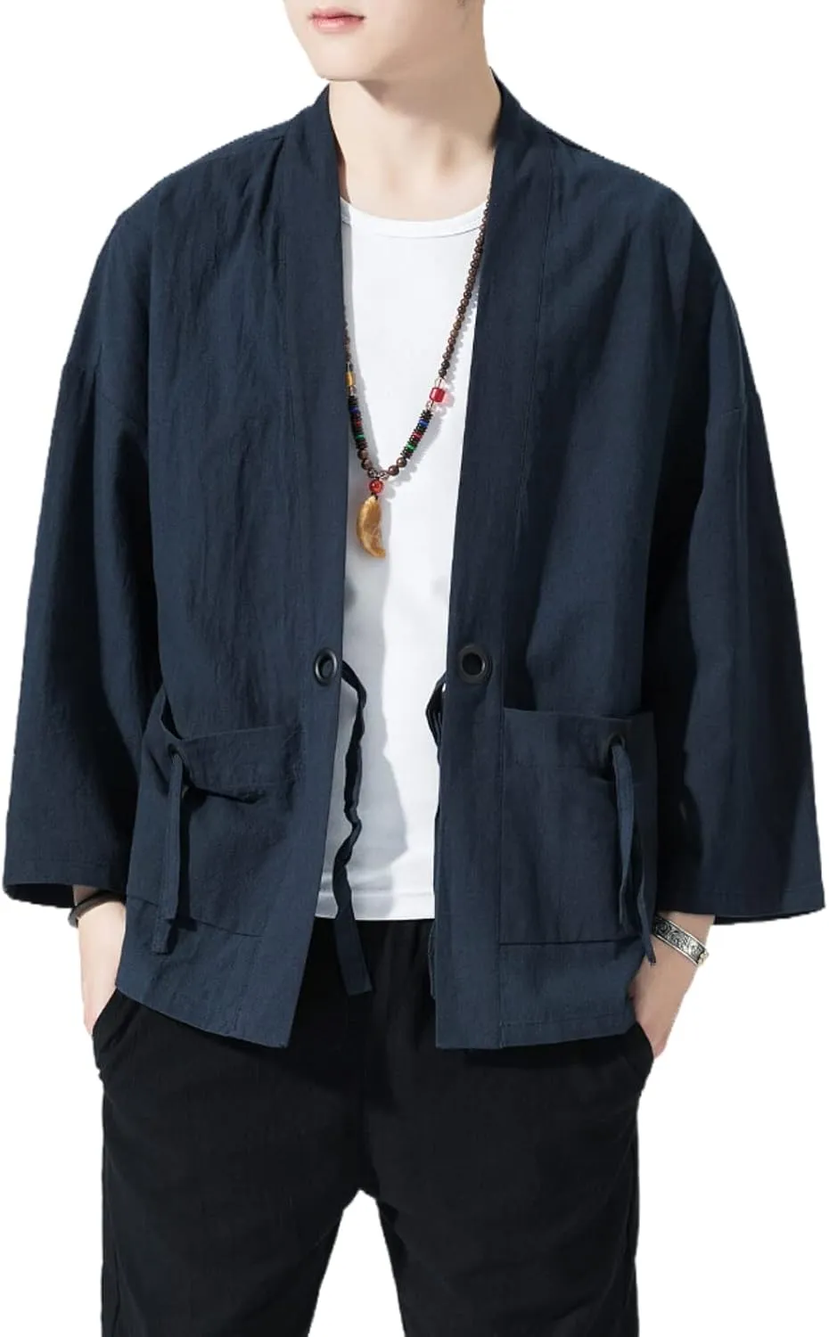 Men's Japanese Kimono Cardigan Loose Cotton Linen 3/4 Sleeve Open Front Casual Summer Shirt Jackets