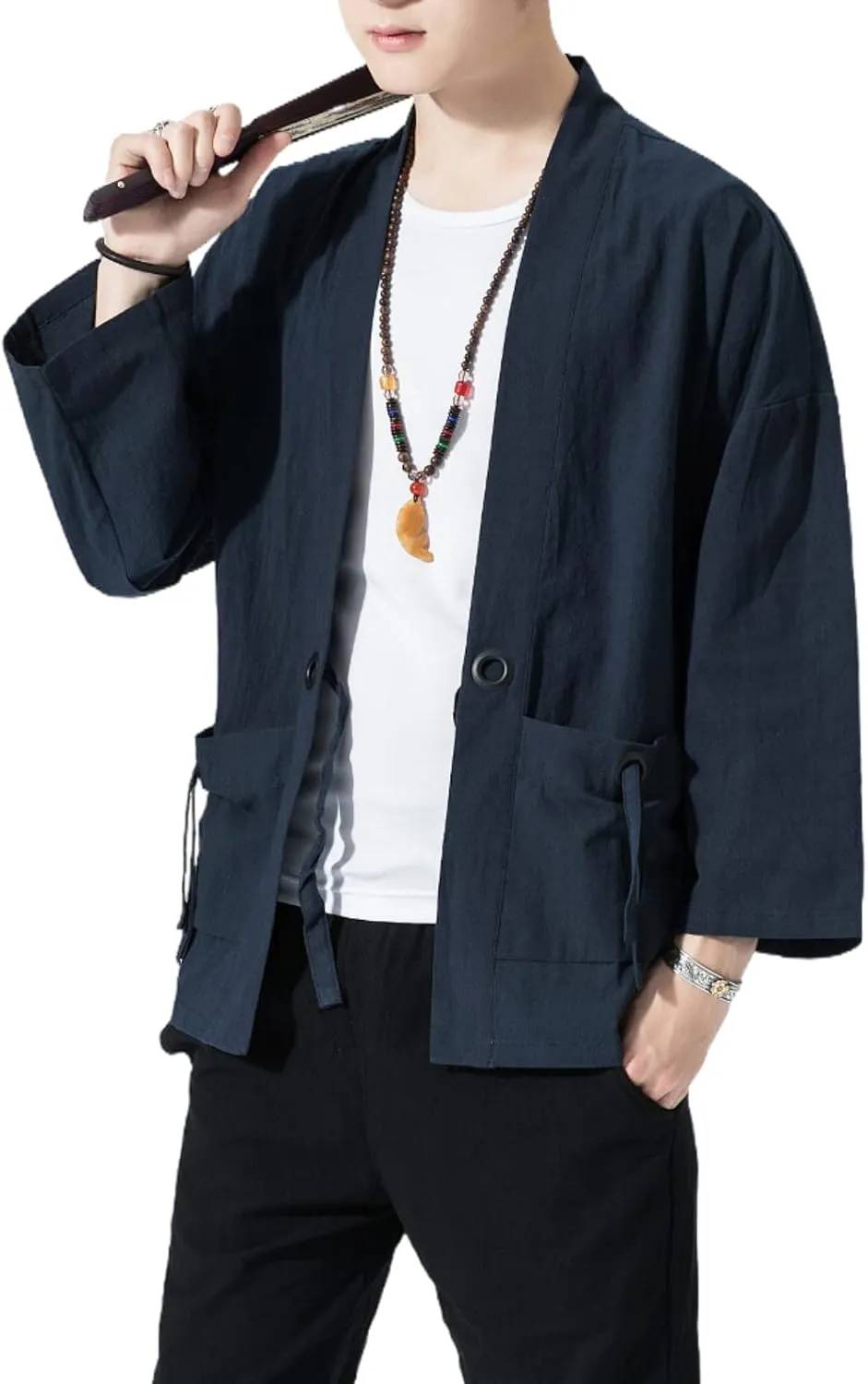 Men's Japanese Kimono Cardigan Loose Cotton Linen 3/4 Sleeve Open Front Casual Summer Shirt Jackets