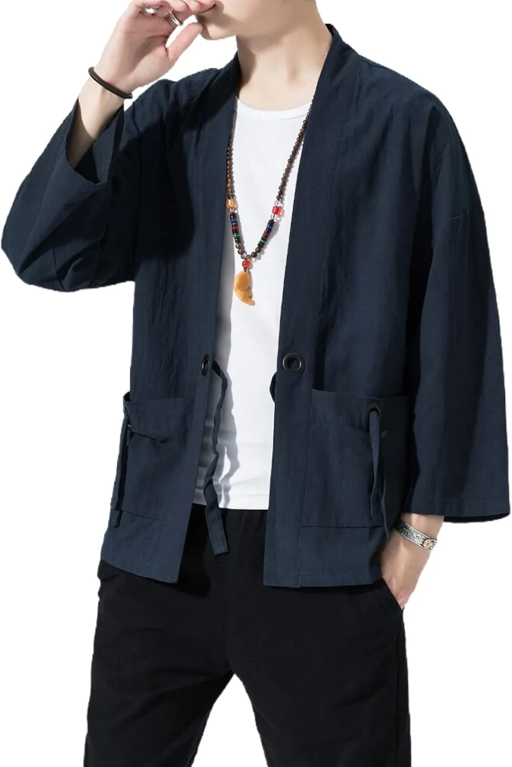 Men's Japanese Kimono Cardigan Loose Cotton Linen 3/4 Sleeve Open Front Casual Summer Shirt Jackets