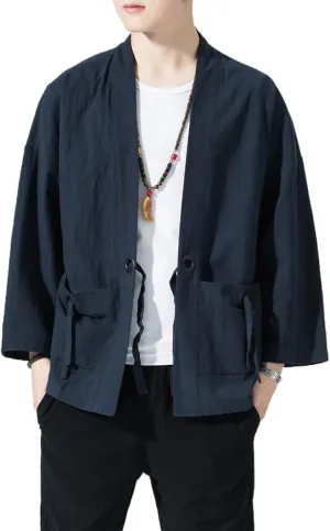 Men's Japanese Kimono Cardigan Loose Cotton Linen 3/4 Sleeve Open Front Casual Summer Shirt Jackets