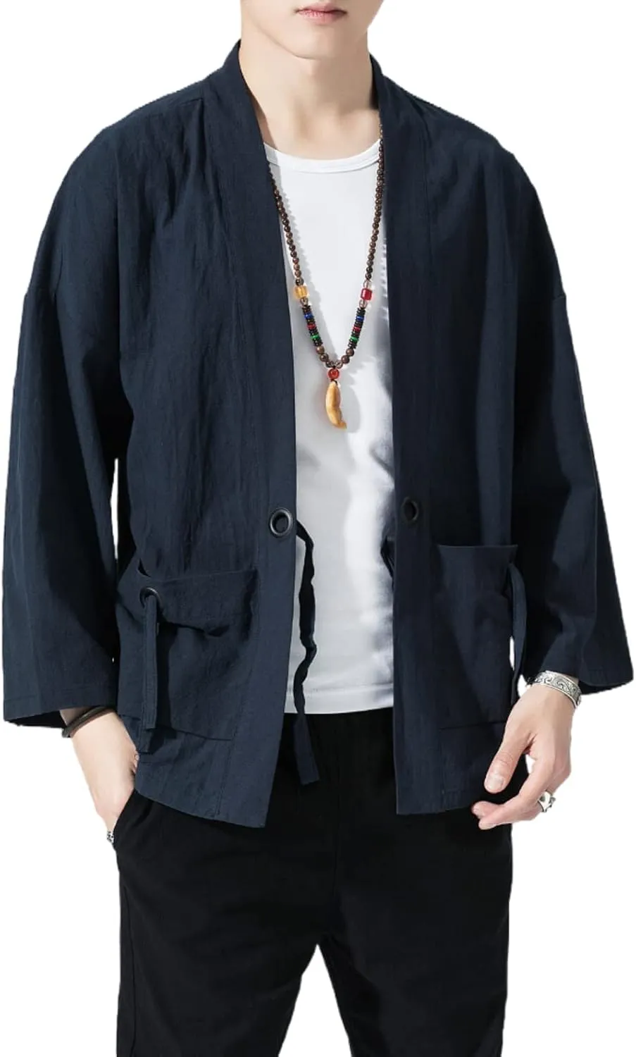 Men's Japanese Kimono Cardigan Loose Cotton Linen 3/4 Sleeve Open Front Casual Summer Shirt Jackets
