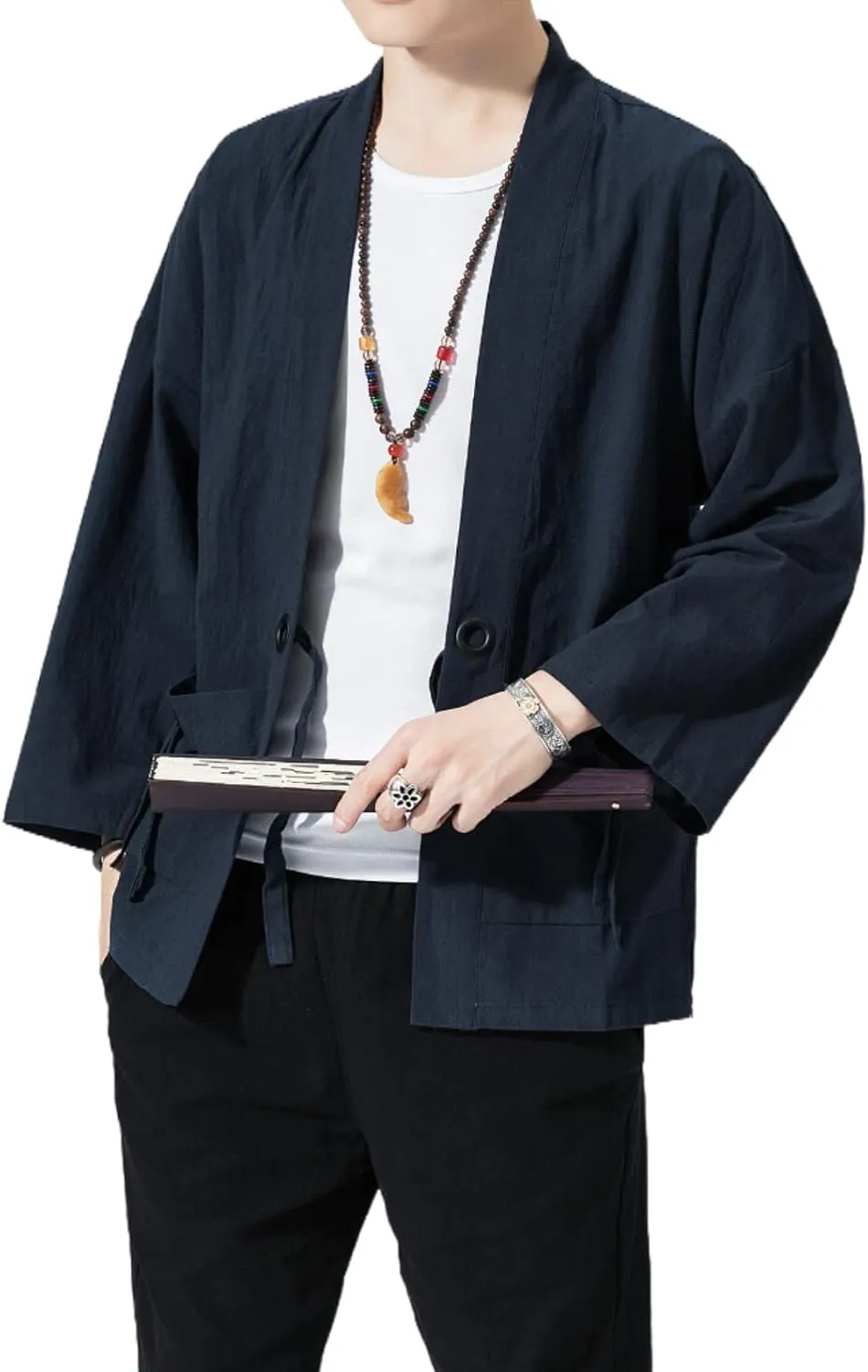 Men's Japanese Kimono Cardigan Loose Cotton Linen 3/4 Sleeve Open Front Casual Summer Shirt Jackets