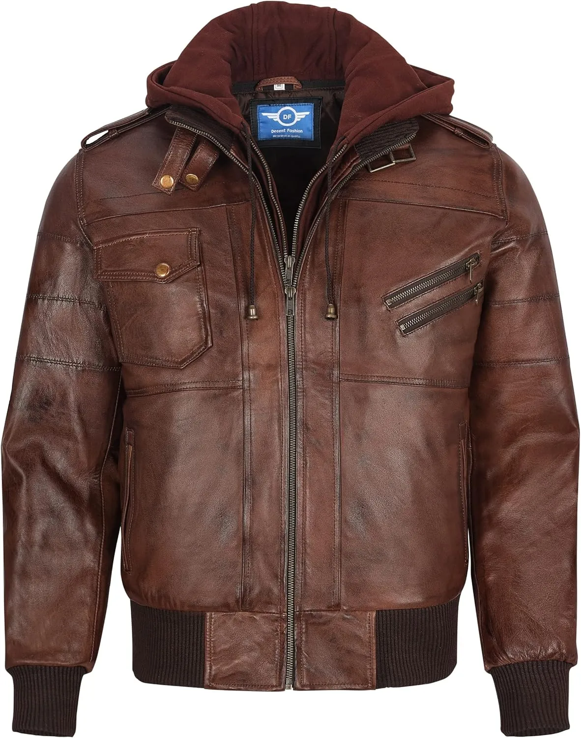 Men's Leather Jacket Removable Hood | leather jacket Men | Brown Leather Motorcycle Jacket