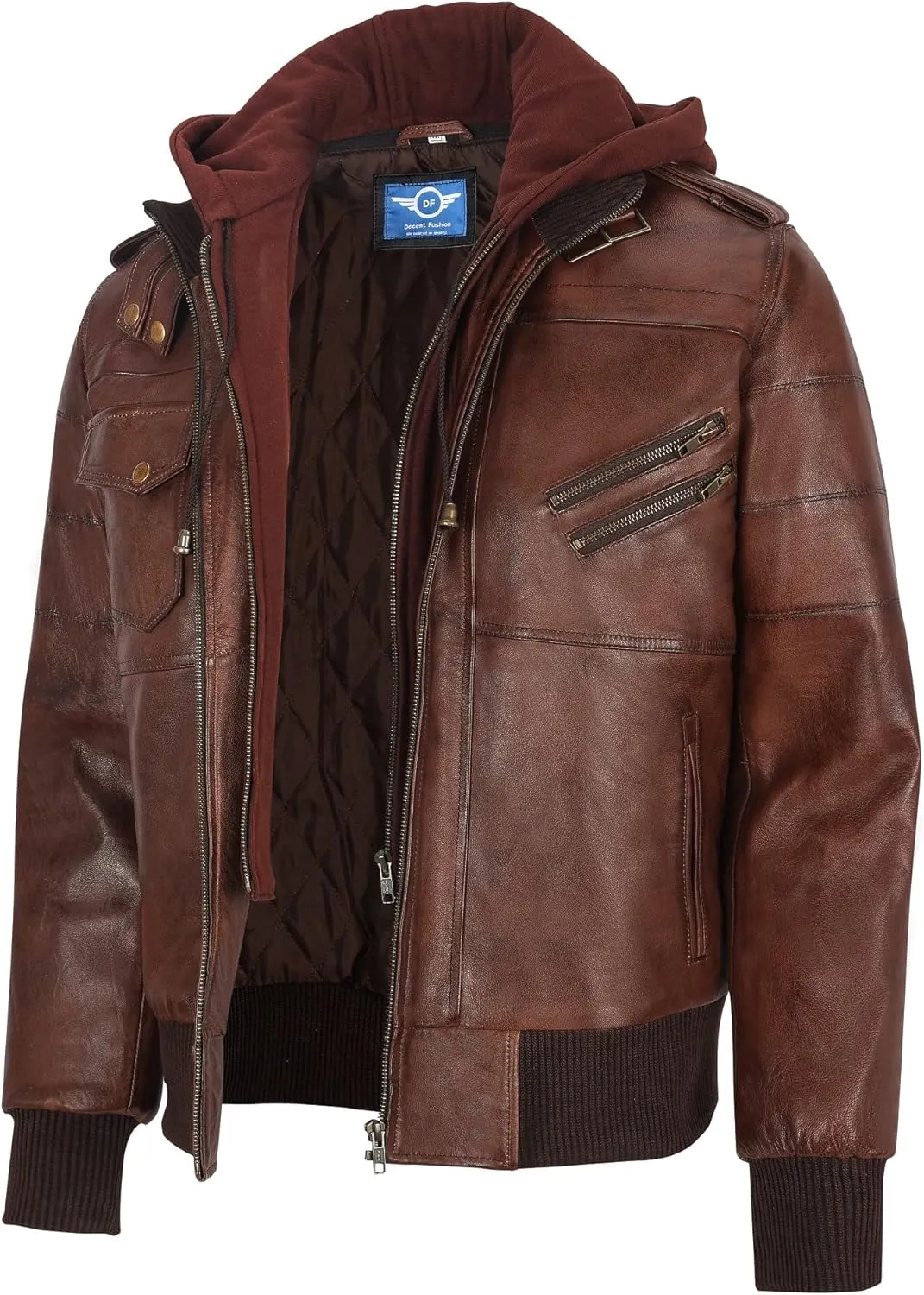 Men's Leather Jacket Removable Hood | leather jacket Men | Brown Leather Motorcycle Jacket