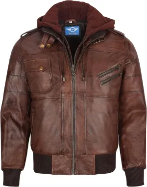 Men's Leather Jacket Removable Hood | leather jacket Men | Brown Leather Motorcycle Jacket