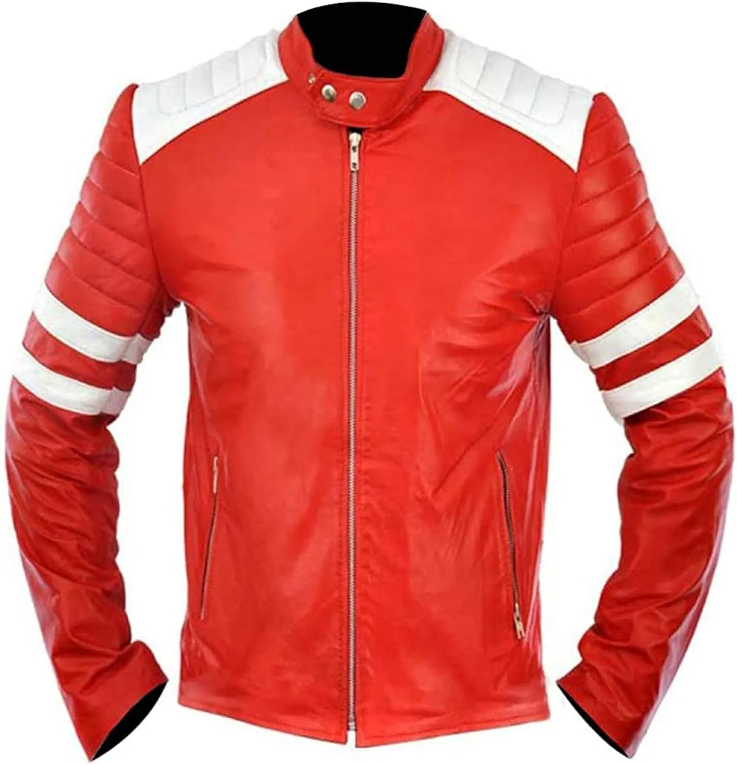 Men's Red Synthetic Leather Motorcycle Jacket  Retro Biker Jacket with White Racing Stripes