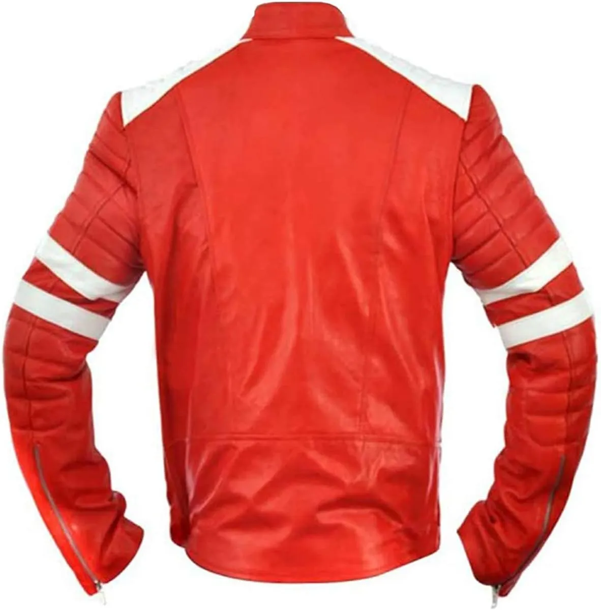 Men's Red Synthetic Leather Motorcycle Jacket  Retro Biker Jacket with White Racing Stripes