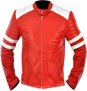 Men's Red Synthetic Leather Motorcycle Jacket  Retro Biker Jacket with White Racing Stripes