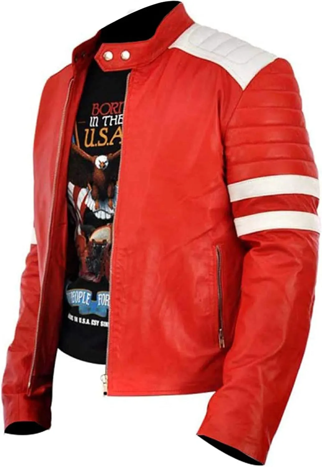 Men's Red Synthetic Leather Motorcycle Jacket  Retro Biker Jacket with White Racing Stripes