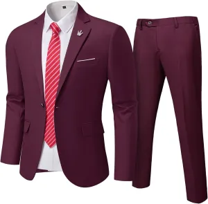 Men's Slim Fit 2 Piece Suit with Tie, One Button Solid Jacket and Pants for Business Weddings Party