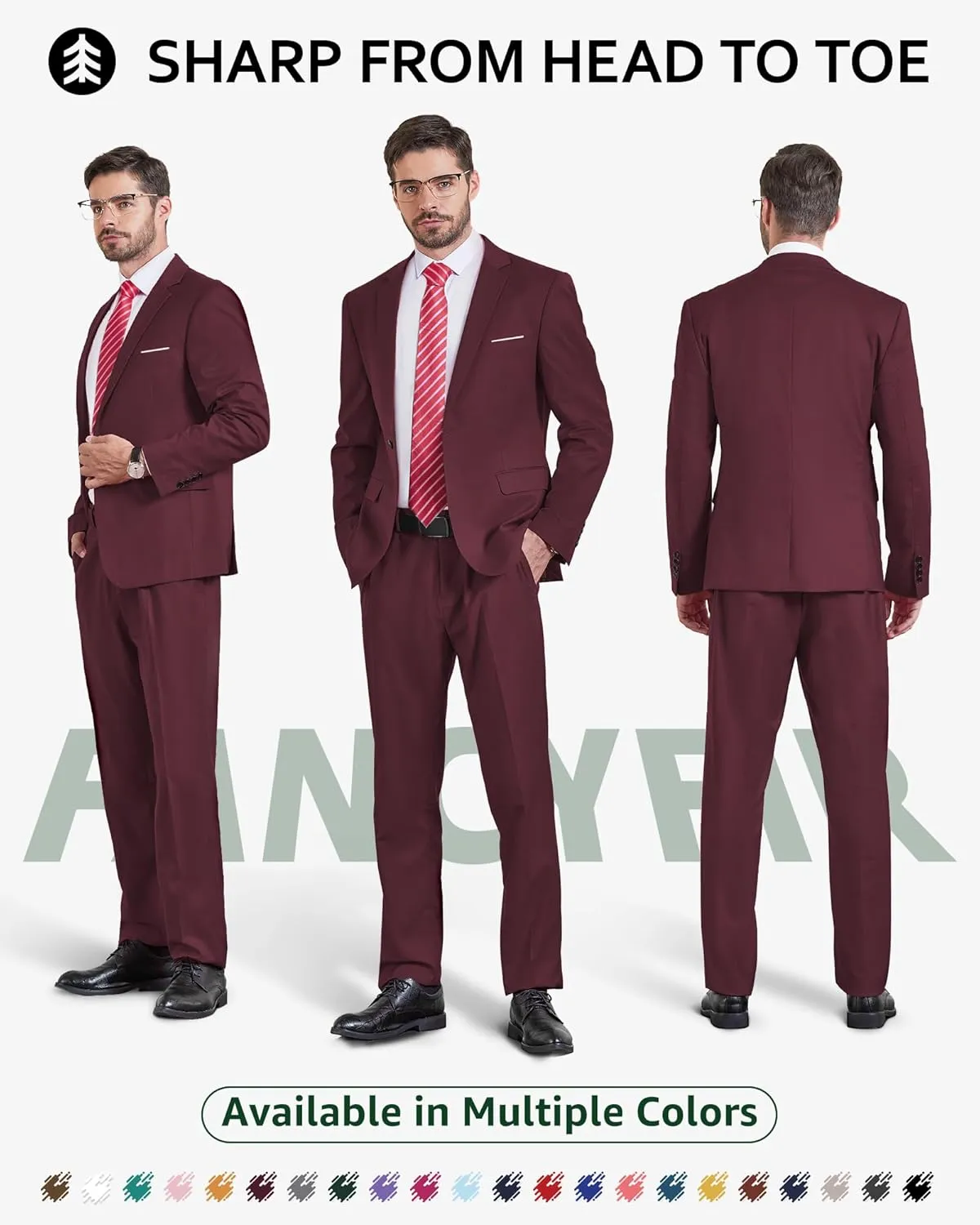 Men's Slim Fit 2 Piece Suit with Tie, One Button Solid Jacket and Pants for Business Weddings Party