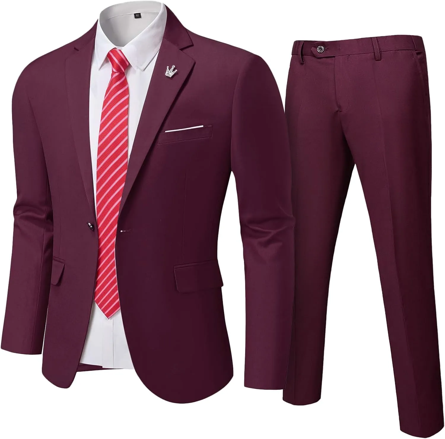 Men's Slim Fit 2 Piece Suit with Tie, One Button Solid Jacket and Pants for Business Weddings Party