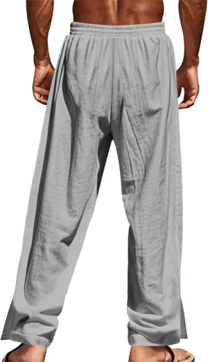 Mens Straight Leg Linen Pants Button Drawstring Elastic Waist Casual Loose Fit Sweatpants Beach Trousers with Pockets