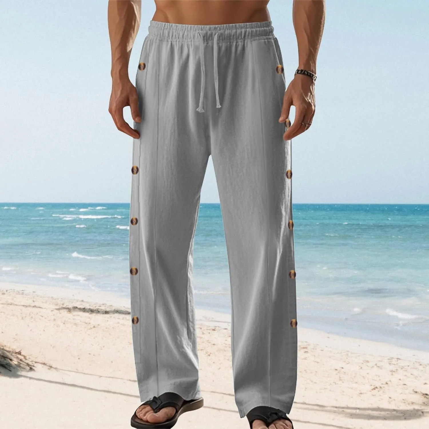 Mens Straight Leg Linen Pants Button Drawstring Elastic Waist Casual Loose Fit Sweatpants Beach Trousers with Pockets