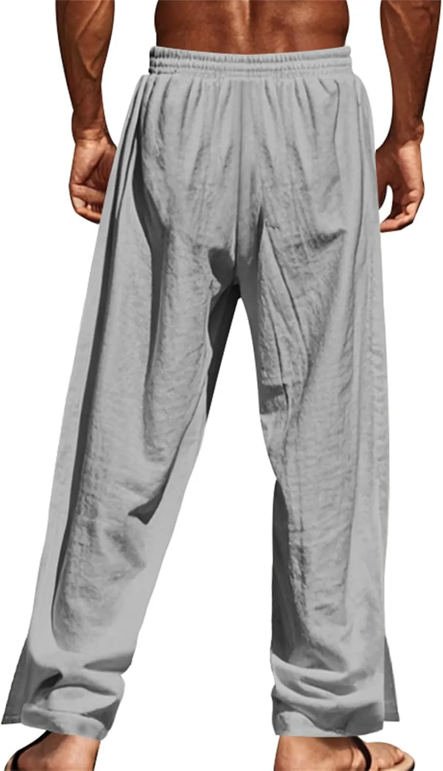 Mens Straight Leg Linen Pants Button Drawstring Elastic Waist Casual Loose Fit Sweatpants Beach Trousers with Pockets