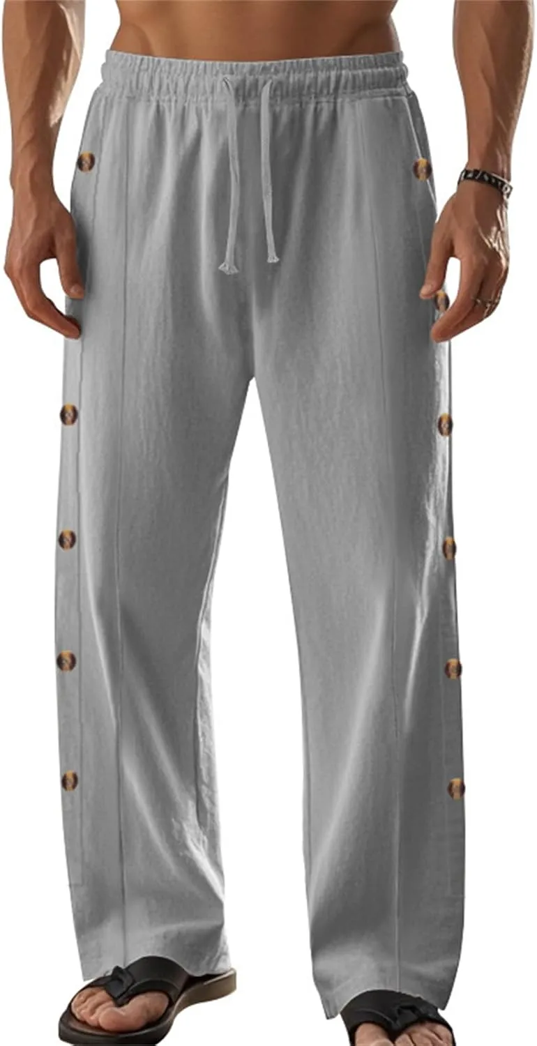 Mens Straight Leg Linen Pants Button Drawstring Elastic Waist Casual Loose Fit Sweatpants Beach Trousers with Pockets